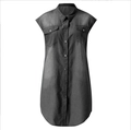 Vintage washed grey denim sleeveless midi dress with button-up front and double pockets - 3XL / Black