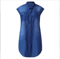 Western style sleeveless denim shirt dress with collar and metal buttons for women - 3XL / Dark Blue