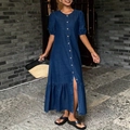 Abito lungo in denim blu scuro con maniche a sbuffo, bottoni e bordo a balze - S / Blu