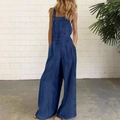 Detail view of dark blue wide leg jumpsuit featuring side decorative buttons and pockets - S / Dark Blue