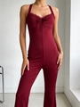 Nauwsluitende bordeauxrode halter jumpsuit met kant, trekkoord en uitlopende pijpen - S / Rood