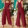 Front and back view of burgundy loose wide-leg overalls with front pockets and buttons - S / Red