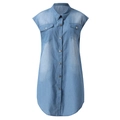 Light blue sleeveless denim button-down dress with collar and chest pockets - S / Light Blue