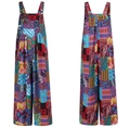 Detail view showing colorful paisley patchwork print and shoulder buttons on loose overalls - Multicolor Patchwork (Pic 6)
