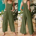 Detail view of army green cotton linen wide leg overalls with functional side pockets - S / Green