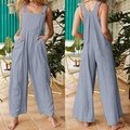 Detail view of cotton linen grey blue wide leg jumpsuit showing front and back texture - S / Gray