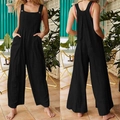 Detailed front and back view of black loose cotton linen overalls with side pockets - S / Black