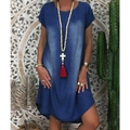 Detail of loose fit denim dress featuring washed blue fabric and bohemian necklace - S / Dark Blue