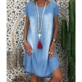 Detail of light blue denim summer dress featuring washed texture and casual loose fit - S / Light Blue
