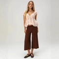 Women's summer two-piece outfit featuring a pink lace vest and brown wide-leg cropped pants - S / Coffee