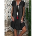 Women's casual loose black short sleeve denim dress with curved hem and crew neck style - S / Black