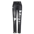 Detailed close-up of distressed ripped denim jeans with frayed hems and washed black finish - S / Black