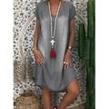 Women casual loose V-neck dark grey denim style dress with bohemian accessories - S / Gray