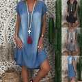 Women's loose casual denim style boho dress in light blue, black and grey options - S / Light Blue