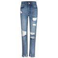 Detail of distressed medium blue high waist jeans with ripped holes and frayed hems - S / Light Blue