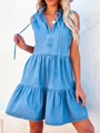 Close-up of V-neck drawstring details and layered denim texture on sleeveless mini dress - S / Blue