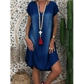 Bohemian loose blue denim midi dress with V-neckline and short sleeves for women - S / Dark Blue