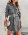 Detail of grey corduroy shirt dress showing textured fabric, belted waist and utility pockets - S / Gray
