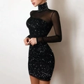 Sexy high neck black mini dress with mesh sleeves and silver sequins for women - S / Black