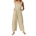 Detail of loose beige cotton linen overalls featuring wide legs and buttoned straps - Apricot