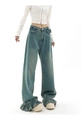 Detail der Rüschenkanten an Retro-Jeans mit weitem Bein und gewaschener Denim-Textur - S / Vintage-Blau
