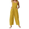 Close-up of yellow wide-leg jumpsuit showing breathable cotton linen fabric and button details - Orange