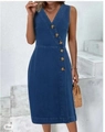 Detail of deep V-neck sleeveless denim dress with vintage buttons and slim fit cut - S / Royal Blue
