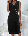 Detail of the V-neckline and stylish dark buttons on this black sleeveless denim dress - S / Black