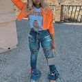 Damesset met oranje denim jack, babydoll t-shirt en wijde jeans met uitlopende pijpen - S / Oranje