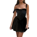 Sexy black corset camisole dress with ruffle neckline and drawstring detail in A-line style - S / Black