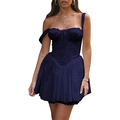 Detailed corset waist design and lace trim on a navy blue strapless summer mini dress - S / Navy Blue