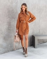 Brown corduroy long sleeve shirt dress with matching belt and silver buckle detail - S / Khaki