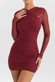 Detail of burgundy mesh dress showing ruched fabric texture and long sleeve design - S / Burgundy