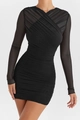 Detail view of the ruched texture and sheer mesh sleeve on a black bodycon dress - S / Black