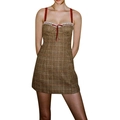 Vintage plaid bodycon mini dress with red straps, lace trim, and bow detail - S / Khaki