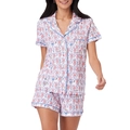 Women's summer pajama set featuring pink monkey prints and blue piping on white fabric - S / White Nautical Monkey Print