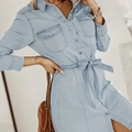 Light blue denim shirt dress with buttoned pockets and a matching waist tie belt - S / Light Blue