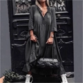 Detailed view of dark grey tiered denim maxi dress featuring pleated V-neckline accents - S / With Drawstring / Black