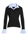 Détail du pull en maille à col en V avec col et poignets de chemise à rayures bleues - S / Noir