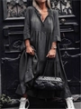 Deep grey tiered denim maxi dress with ruffled V-neckline and long sleeves in street style - S / Without Drawstring / Black