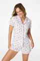 Detail of soft pajama set featuring pink piping and colorful cartoon alpaca prints - S / White Alpaca Print