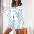 Conjunto de pijama para mujer con camisa blanca de botones y pantalón corto de conejos - S / Azul claro