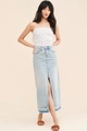 Top corto a fiori stile francese con gonna lunga in denim chiaro con spacco - S / Floreale Viola (Bianco)
