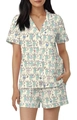 Detail of soft cotton short sleeve pajama set with monkey print and white piping - S / Beige Light Teal Monkey Print