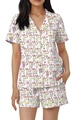 Detail of short-sleeve pajama set featuring cartoon monkey print and contrast piping - S / White Yellow Vacation Monkey Print