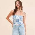 Camisole vintage à fleurs bleu et blanc avec bretelles fines réglables pour femme - Floral Bleu Vintage (Bleu Foncé)