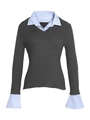 Pull en maille col V pour femmes avec effet superposé de chemise à rayures bleues - S / Gris