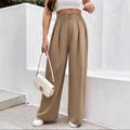 Détail du pantalon large kaki à taille haute avec fermeture à double bouton et plis élégants - S / Kaki