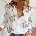 Women's white long sleeve blouse with blue butterfly print and button-down collar - S / White