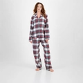 Women's plaid pajama set featuring long-sleeve button-down shirt and matching trousers - S / Light Gray